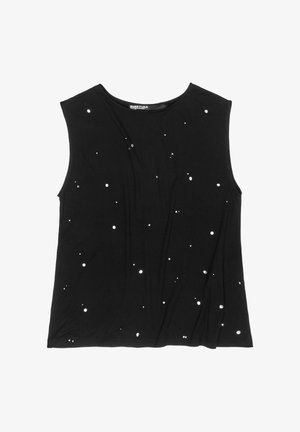 Melns bezroku tops no mīksta auduma ar izkaisītām baltām punktu detalizācijām. Apaļa kakla izgriezums un brīvs piegriezums. Nav redzamu metāla detaļu.