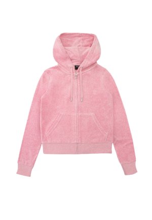 Roze hoodie met een rits aan de voorkant, twee voorzakken, een trekkoord en ribgebreide manchetten. Gemaakt van zachte, gestructureerde stof.