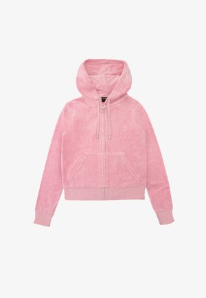 Rosa Kapuzenpullover mit Reißverschluss vorne, zwei Fronttaschen, Kordelzug und gerippten Bündchen. Aus weichem, strukturiertem Stoff gefertigt.
