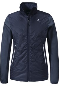 Marineblaue, isolierte Jacke mit hohem Kragen, gesteppter Vorderseite und glatten Ärmeln. Verfügt über Reißverschlusstaschen und ein Logo auf der Brust.