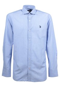 Camicia a maniche lunghe azzurra chiara in cotone. Presenta un colletto button-down, bottoni sul davanti e un logo ricamato sul petto.