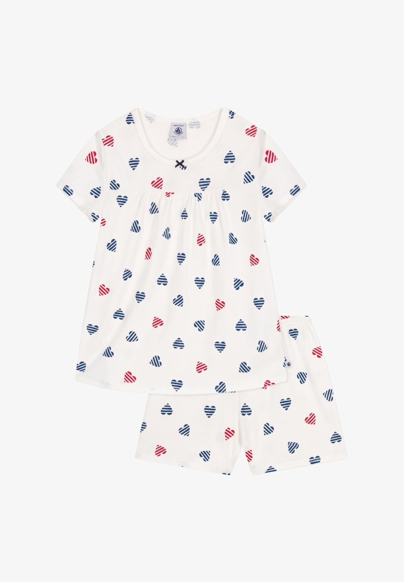 Witte katoenen pyjama set met een korte mouwen top en shorts, versierd met een patroon van rode en blauwe gestreepte harten. Geaccentueerd met geplooide details.