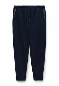 Marineblauwe sweatpants met een elastische tailleband, trekkoord, zijzakken en geribbelde manchetten. Soepele stof met een ontspannen pasvorm.