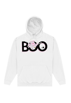 Biała bluza z kapturem z kieszenią na przodzie, z kolorową grafiką "Boo" oraz rysunkowym wzorem postaci. Miękka tkanina, regulowany sznurek w kapturze.