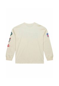 Cremfarbendes Langarmshirt mit Rundhalsausschnitt, das mehrfarbige Applikationen an beiden Ärmeln und ein dezentes Grafikdesign auf dem Rücken aufweist.