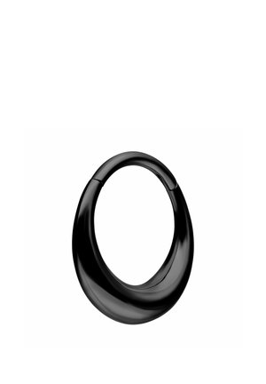 Glänzender schwarzer ovaler Creolen-Ohrring mit glattem, dickem Design und einem Scharnierverschluss vor weißem Hintergrund.