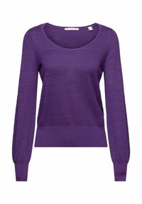 Pull en maille violet à manches longues, col rond large et rayures horizontales texturées. Présente des poignets et un ourlet côtelés.