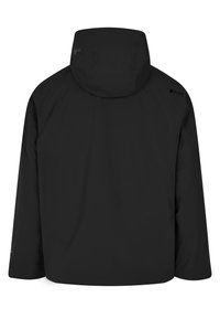 Juodas vandeniui atsparus švarkas su kapuci, tiesiu siluetu ir minimalistiniu dizainu. Išskirtinis prekės ženklas nugaros ir rankovių srityje.