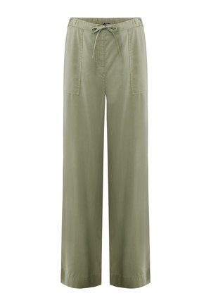 Pantalon large couleur vert olive clair avec une taille élastique, un lien à nouer à l'avant et de grandes poches plaquées à l'avant.