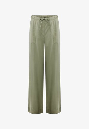 Pantalon large couleur vert olive clair avec une taille élastique, un lien à nouer à l'avant et de grandes poches plaquées à l'avant.