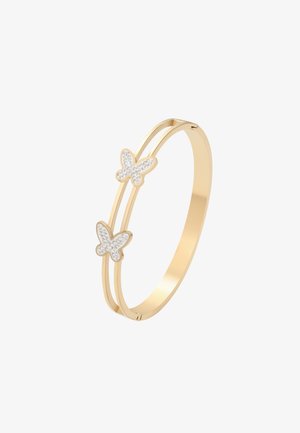 Złota bransoletka z dwoma akcentami w postaci motyli, ozdobionymi przezroczystymi kryształami, prezentująca elegancki, minimalistyczny design.
