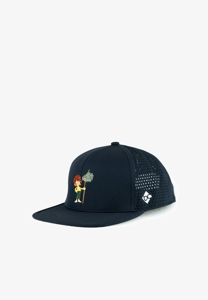 Black perforated cap with flat brim featuring a cartoon character holding a net embroidered on the front panel and a small white logo on the side.