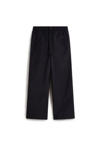 Zwarte, ongevoerde broek met een elastische tailleband en een enkele achterzak, met een losse pasvorm en een gladde textuur.