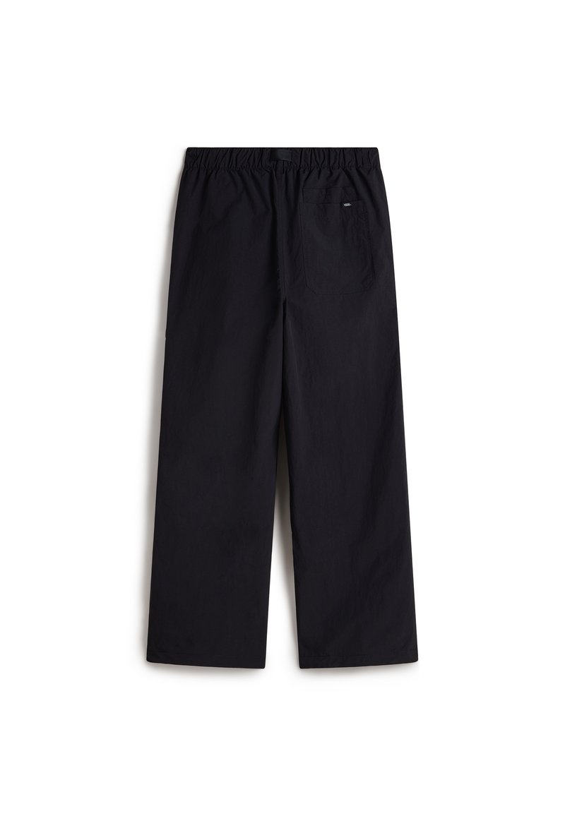 Pantalones negros sin forro con cintura elástica y un bolsillo trasero, con un diseño holgado y textura suave.