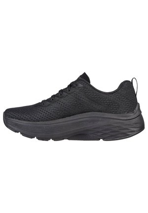 Black athletic shoes with a textured knit upper, cushioned sole, and lace-up design. Features a rear pull tab for easy wear.