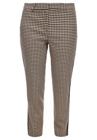 Pantalon à motif pied-de-poule en marron, beige et noir. Présente un design ajusté avec une jambe étroite et des accents latéraux noirs.