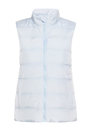 Gilet senza maniche di colore azzurro chiaro, realizzato in tessuto trapuntato lucido, con colletto alto e zip frontale completa, caratterizzato da sezioni orizzontali trapuntate.