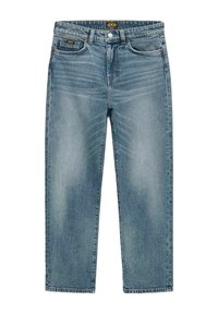 Jeans in denim blu chiaro con taglio dritto, dotati di cinque tasche, leggera scoloritura e chiusura con bottone in vita.