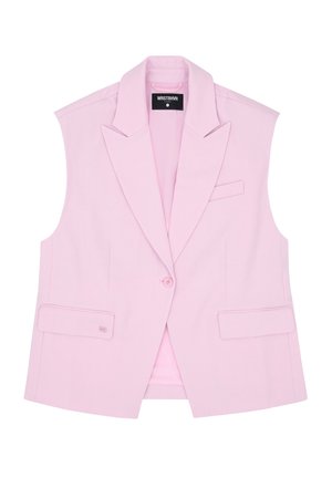 Ærmeløs lyserød blazer med hakkede revers, enkelt knaplukning, klaplommer og sort WRSTBHVR Studio-label inde i kraven.