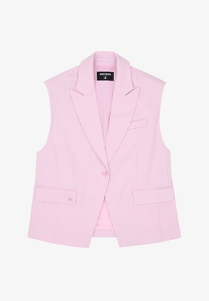 Blazer senza maniche rosa chiaro con revers con tacca, chiusura con un solo bottone, tasche con patta e etichetta nera WRSTBHVR Studio all'interno del colletto.