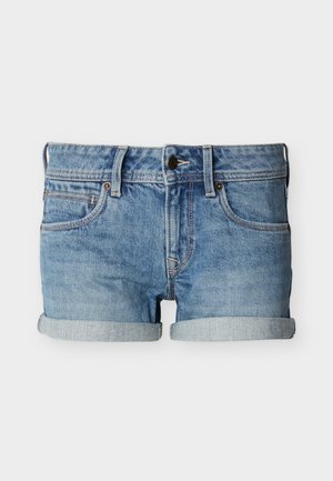 Svetlomodré rifľové kraťasy s zatočenými manžetami, predným gombíkom, zipsom, slučkami na opasok a prednými vreckami, zobrazené na bielom pozadí.