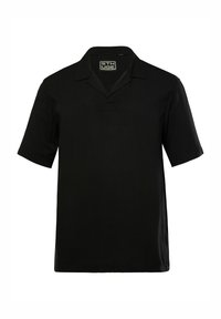 Zwarte polo met korte mouwen en een kraag, voorzien van een subtiele vijfknopenlijst en een gladde textuur. Geen zichtbare patronen of accenten.