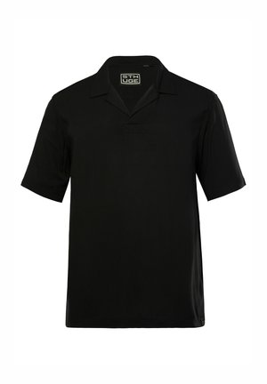 Schwarzes Poloshirt mit kurzen Ärmeln und Kragen, das über eine dezente Fünf-Knopf-Leiste und eine glatte Textur verfügt. Keine sichtbaren Muster oder Akzente.