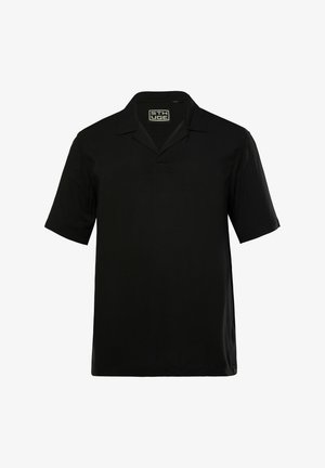 Schwarzes Poloshirt mit kurzen Ärmeln und Kragen, das über eine dezente Fünf-Knopf-Leiste und eine glatte Textur verfügt. Keine sichtbaren Muster oder Akzente.
