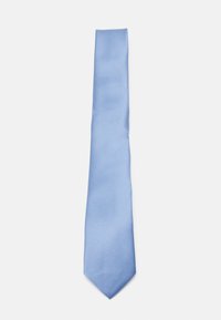 Light blue silk tie featuring a subtle vertical striped pattern and a textured finish, tapering to a pointed end.