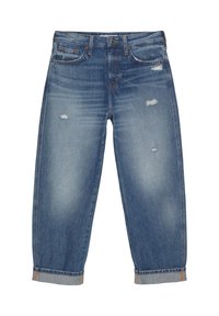 Světlé modré poškozené džíny s uvolněným střihem, viditelnými vzory opotřebení a ohrnutými manžetami s kontrastním šitím.