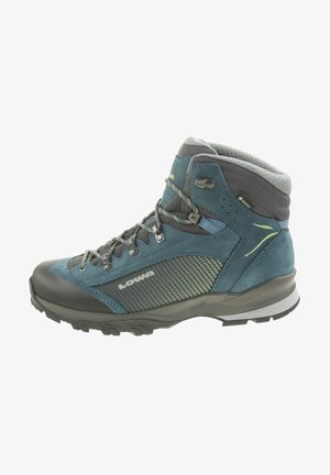 Mid-Cut Wanderschuh aus blauen und grauen Materialien. Mit einem Obermaterial aus Mesh und Wildleder, verstärkter Spitze und strukturiertem Gummisohle mit Grip.