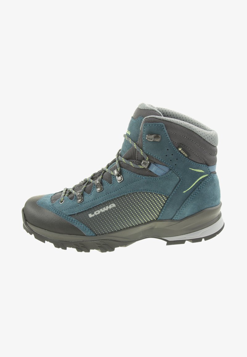 Mid-cut hiking boot in blue and gray materials. Features a mesh and suede upper, reinforced toe, and textured rubber sole with grip.