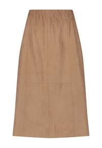 Hame tan suede dengan pinggang elastis, menampilkan rincian jahitan dan siluet lurus. Kain tampak lembut dengan penyelesaian matte.