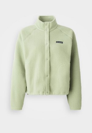 Veste en polaire Columbia vert clair avec boutons-pression, col montant, manches longues et patch logo sur la poitrine.