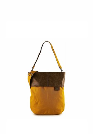 Borsa a tracolla marrone e giallo senape con tracolla regolabile e chiusura a patta, dettaglio di cuciture verticali e una piccola targhetta del logo frontale.