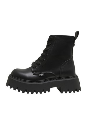 Black leather lace-up ankle boot with chunky lug sole and pull tab, featuring a small "Buffalo" logo on the side.