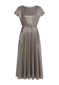 Robe midi argentée métallique à manches courtes avec une taille cintrée et une jupe fluide, présentant un col rond et une fermeture à boutons dans le dos.