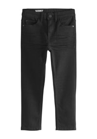 Jean skinny en denim noir avec une texture lisse, cinq poches, passants de ceinture et un bouton de fermeture à la taille. Design simple et minimaliste.