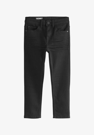 Tanke črne kavbojke z gladko teksturo, pet žepov, zanke za pas in gumbom za zapiranje v pasu. Preprost, minimalističen dizajn.