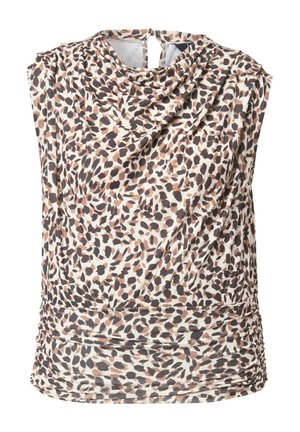 Ærmeløs bluse med beige, brun og sort abstrakt dyreprint, draperet halsudskæring, rynket talje og bagpå nøglehul med knaplukning.