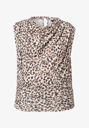 Blouse sans manches avec imprimé animalier abstrait beige, marron et noir, encolure drapée, taille froncée et fermeture au dos avec un bouton et une ouverture en forme de clé.