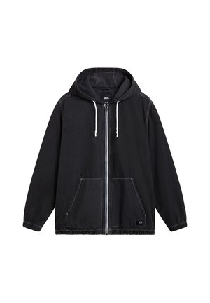 Schwarze Zip-Hoodie mit einer Kapuze mit Kordelzug, zwei Fronttaschen und weißen Steppnähten. Hergestellt aus weichem Material mit lockerer Passform.