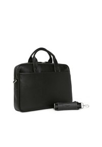 Zwarte leren aktetas met dubbele handgrepen aan de bovenkant, een ritssluiting, een gladde textuur en een afneembare polsband.