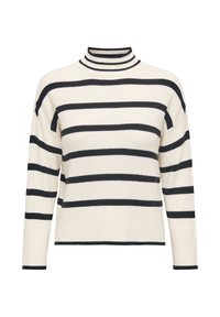 Krēmkrāsas džemperis ar melnām horizontālām svītrām, ribota tekstūra, augsts apkaklis un garas piedurknes. Plakana adījuma dizains, īss apakšmala.