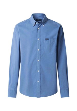 Chemise pour hommes à manches longues, à boutons, de couleur bleu clair, avec un col boutonné et une poche poitrine ornée d'une petite étiquette logo.