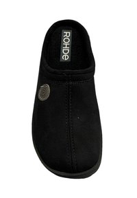 Chausson noir de Rohde, fabriqué en matériau doux semblable à du daim. Présente une semelle intérieure texturée, des coutures simples et un patch logo rond.