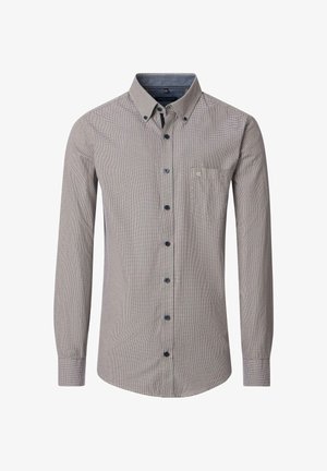 Gray button-up shirt with a checkered pattern and dark blue accents. Features a pocket on the left chest and long sleeves.