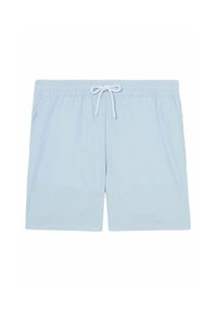 Shorts de baie de culoare albastră deschisă, confecționați dintr-un material moale, având un brâu elastic cu șnur și două buzunare laterale.