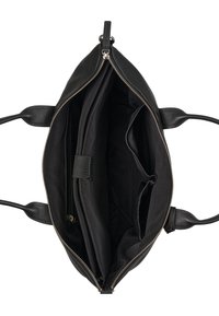 Borsa a tracolla nera in pelle con apertura con cerniera, caratterizzata da un ampio interno, numerose tasche e manici con texture liscia.