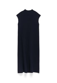 Abito senza maniche in maglia di un blu navy scuro, con scollo alto e una silhouette ampia e fluida. Realizzato in morbido tessuto testurizzato.